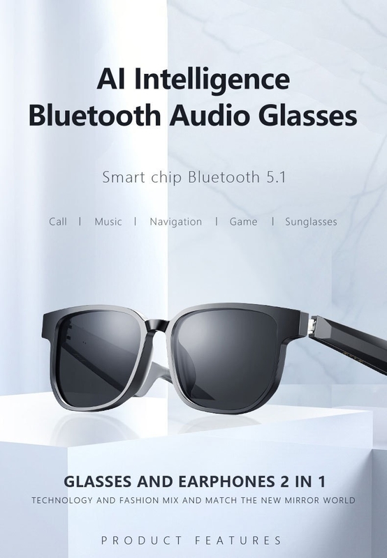 Kính nắng màu đen Bluetooth với cuộc gọi Bluetooth 5.1 Phiên bản 90mAh Thời gian âm nhạc 4-6 giờ